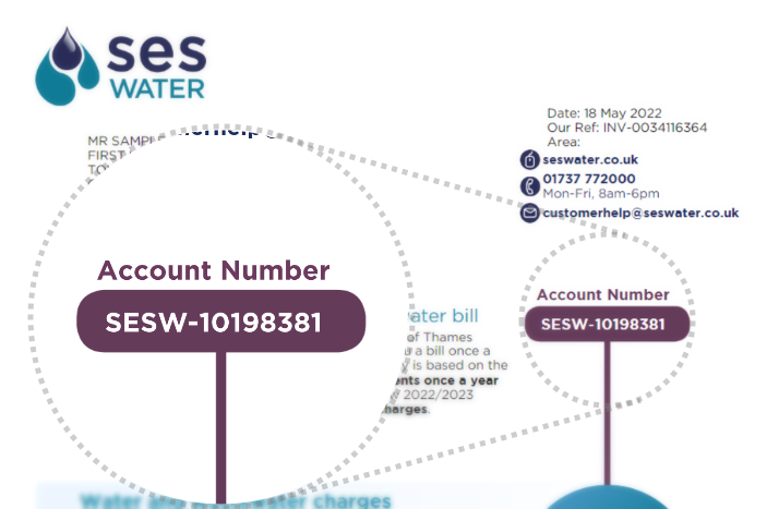 A  circled area zoomed in on a water bill highlighting where the account number is located near the top of the bill underneath SES Water’s contact information. The account number is white bold text on a dark pill-shaped background with an example account number with four letters, a hyphen, and then eight numerical digits