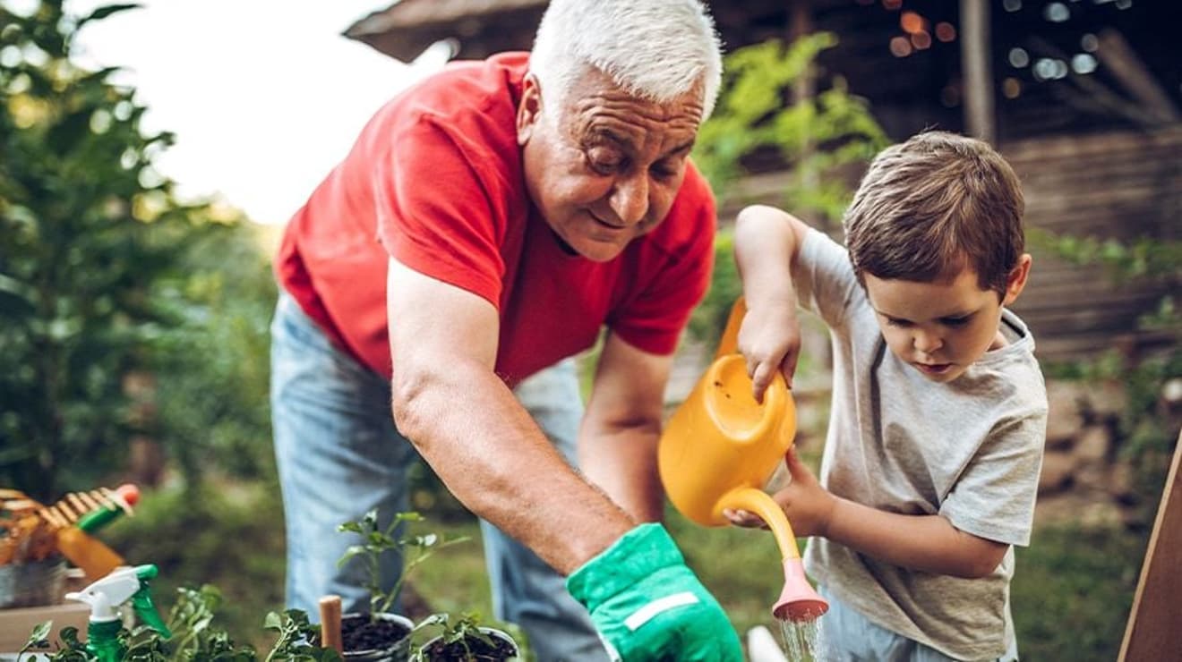 Man and a child watering plants in the garden